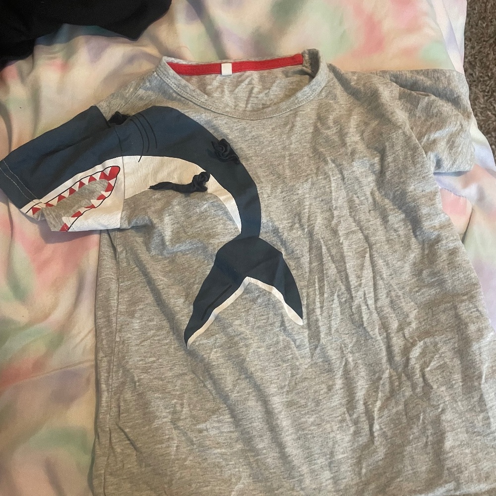 Little boy grey and blue shark shirt